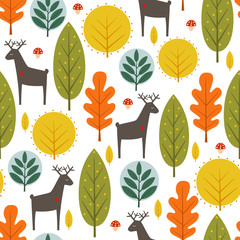 Autumn trees and deer seamless pattern on white background. Decorative forest vector illustration. Cute wild animals nature background. Scandinavian style design for textile, wallpaper, fabric, decor. - 125841279