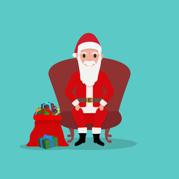 Cartoon Santa Claus sits in chair with bag gifts