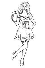 Waitress with beer, hand drawn doodle, sketch in pop art style, vector