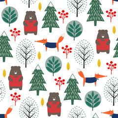 Fox, bear, trees and berries seamless pattern on white background. Christmas scandinavian style nature illustration. Winter forest with animals design for textile, wallpaper, fabric.