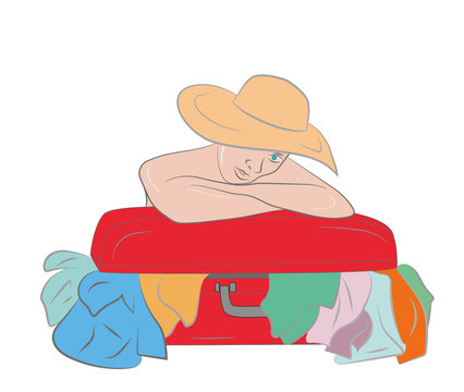 woman with the suitcase with things. vacation concept. vector illustration.