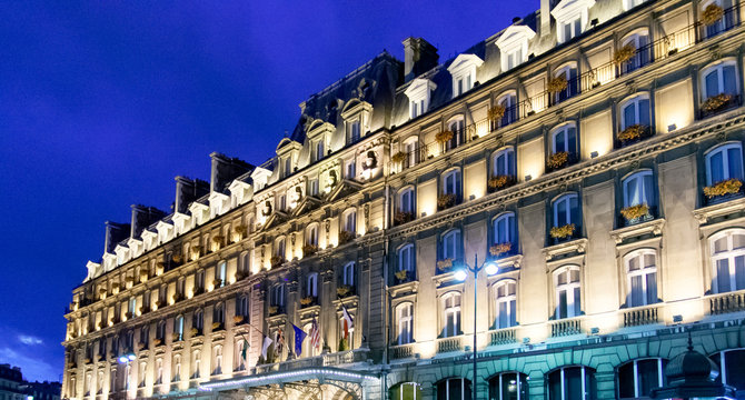PARIS, FRANCE APRIL 23. Main facade of the Hotel Hilton Paris Opera. In the Rue Saint Lazare. One of the most famous hotels in Paris near Saint Lazare station

