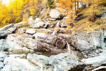 Fototapeta na wymiar water cascading over rocks, waterfall and autumn colors in the mountains, yellow and red trees