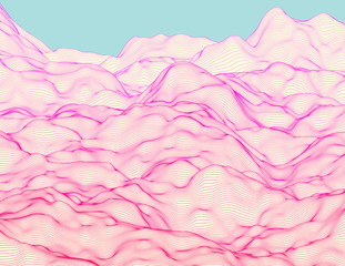Wavy linear colorful procedural terrain. Striped digital extraterrestrial landscape. Trendy wireframe cybernetic mountains. Modern illustration for a background. Element of design. - 125845260