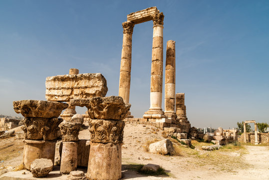 ruins of the Hercules temple on Amman, Jordan.