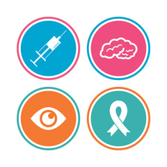 Medicine icons. Syringe, eye, brain and ribbon signs. Breast cancer awareness symbol. Human intelligent smart mind. Colored circle buttons. Vector