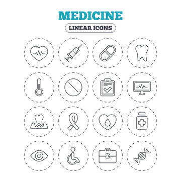 Medicine icons. Syringe, heartbeat and pills symbols. Tooth health, eye and blood donate. Awareness ribbon. Round flat buttons with linear icons. Vector