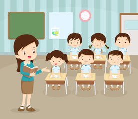 classroom with teacher and pupils.Teacher Teaching Students In Classroom,World Book Day,Back to school,Stationery,Book,Children, Supplies, Educational Subject.