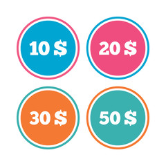 Money in Dollars icons. 10, 20, 30 and 50 USD symbols. Money signs Colored circle buttons. Vector