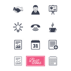 Office, documents and business icons. Businessman, handshake and call signs. Chart, presentation and calendar symbols. Report document, calendar icons. Vector
