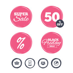 Super sale and black friday stickers. Online shopping icons. Smartphone, shopping cart, buy now arrow and internet signs. WWW globe symbol. Shopping labels. Vector
