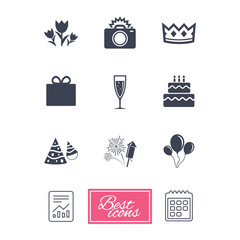 Party celebration, birthday icons. Fireworks, air balloon and champagne glass signs. Gift box, flowers and photo camera symbols. Report document, calendar icons. Vector