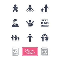 People, family icons. Swimming pool, love and children signs. Best dad, father and mother symbols. Report document, calendar icons. Vector