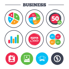 Business pie chart. Growth graph. Hipster retro photo camera with mustache icon. No flash light symbol. Landscape photo frame. Super sale and discount buttons. Vector