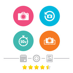 Photo camera icon. Flip turn or refresh symbols. Stopwatch timer 10 seconds sign. Calendar, cogwheel and report linear icons. Star vote ranking. Vector