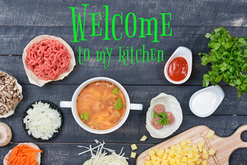  Welcome to me kitchen. Top view of Ingredients for the preparat
