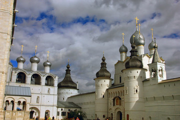 Russian Orthodox white stone Church architecture with domes and