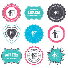 Label and badge templates. Presentation sign icon. Man standing with pointer. Blank empty billboard symbol. Retro style banners, emblems. Vector