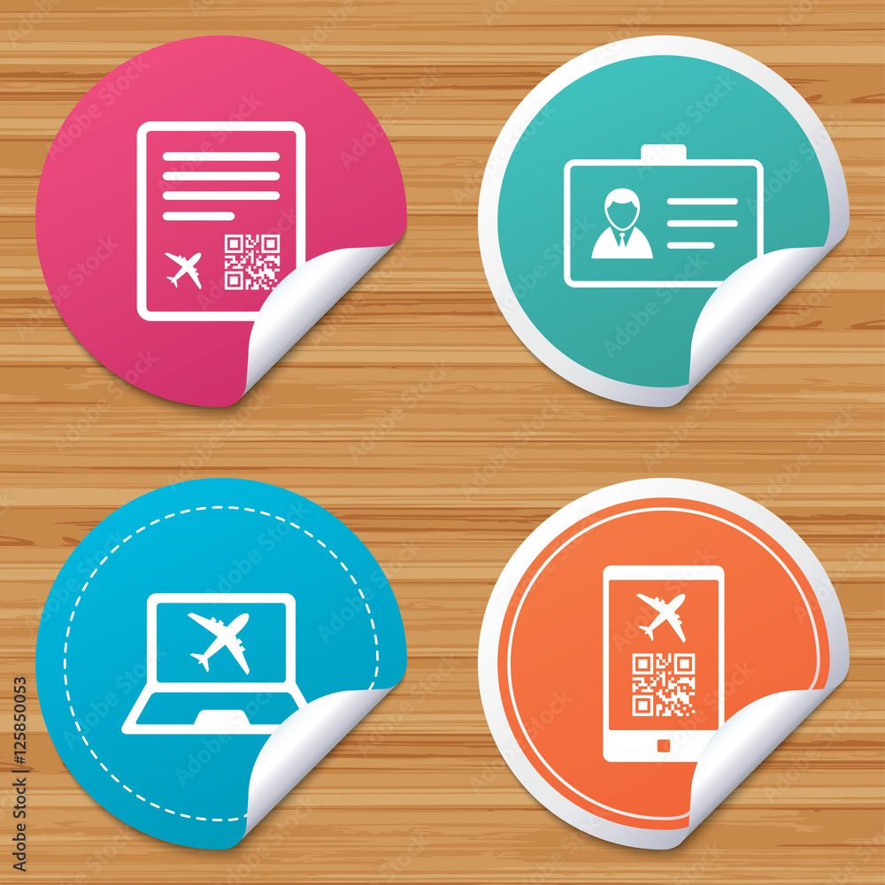 Poster round stickers or website banners. qr scan code in smartphone icon. boarding pass flight sign. ident
