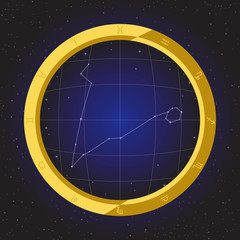 pisces star horoscope zodiac in fish eye telescope golden ring frame with cosmos background