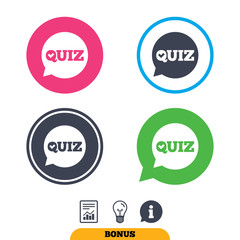 Quiz check in speech bubble sign icon. Questions and answers game symbol. Report document, information sign and light bulb icons. Vector