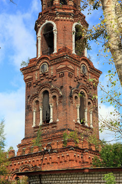 beautiful old russian abandoned bell tower of red brick