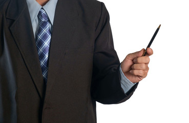 Businessman / View of businessman holding pen on white background.