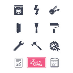 Repair, construction icons. Electricity, keys and hammer signs. Door, washing machine and service symbols. Report document, calendar icons. Vector
