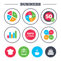 Business pie chart. Growth graph. Coffee cup icon. Chef hat symbol. Birthday cake signs. Document file. Super sale and discount buttons. Vector