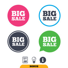 Big sale sign icon. Special offer symbol. Report document, information sign and light bulb icons. Vector