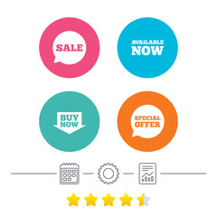 Sale icons. Special offer speech bubbles symbols. Buy now arrow shopping signs. Available now. Calendar, cogwheel and report linear icons. Star vote ranking. Vector