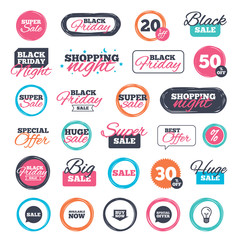 Sale shopping stickers and banners. Sale icons. Special offer speech bubbles symbols. Buy now arrow shopping signs. Available now. Website badges. Black friday. Vector