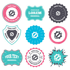 Label and badge templates. Service icon. Wrench key with cogwheel gear sign. Retro style banners, emblems. Vector