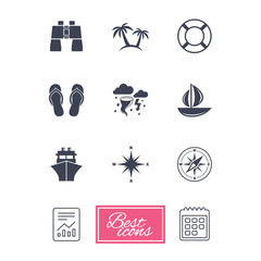 Cruise trip, ship and yacht icons. Travel, lifebuoy and palm trees signs. Binoculars, windrose and storm symbols. Report document, calendar icons. Vector