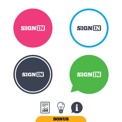 Sign in icon. Join symbol. Report document, information sign and light bulb icons. Vector