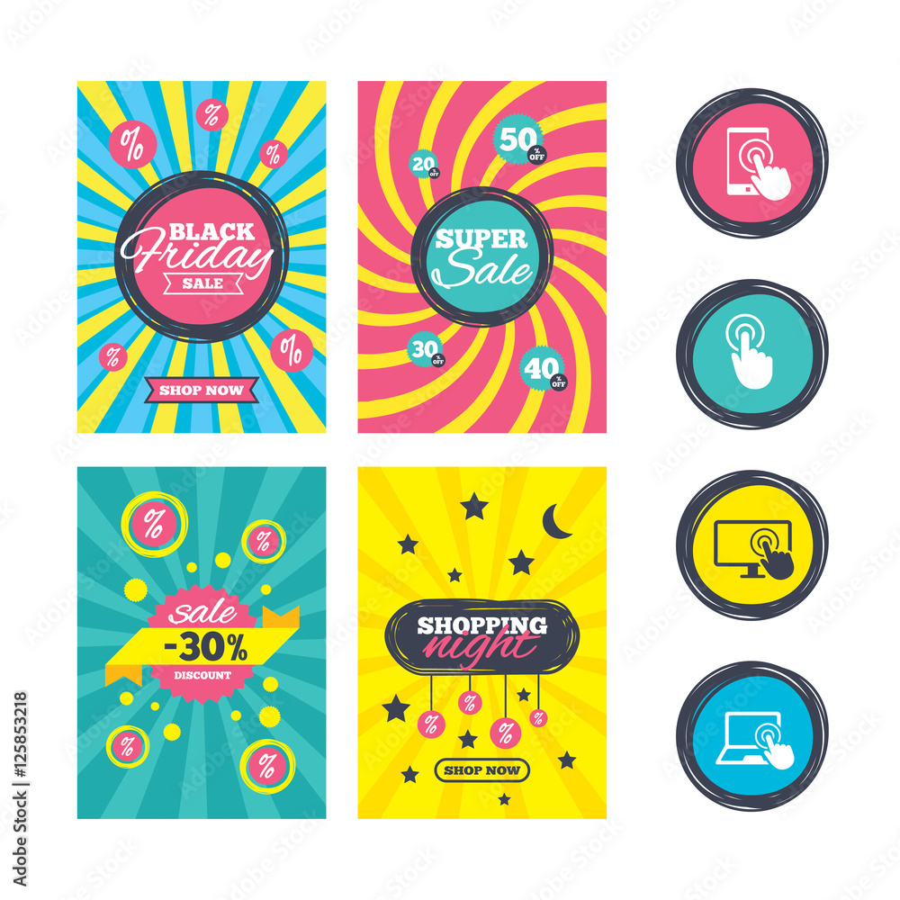 Poster sale website banner templates. touch screen smartphone icons. hand pointer symbols. notebook or lapt