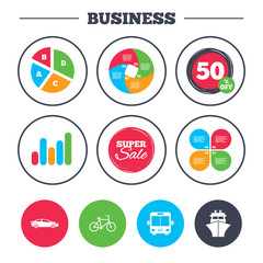 Business pie chart. Growth graph. Transport icons. Car, Bicycle, Public bus and Ship signs. Shipping delivery symbol. Family vehicle sign. Super sale and discount buttons. Vector