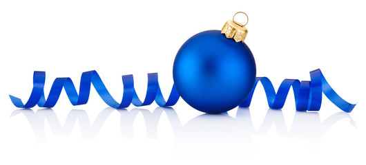 Blue Christmas bauble and curling paper Isolated on white backgr