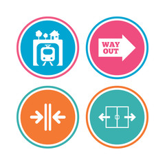 Underground metro train icon. Automatic door symbol. Way out arrow sign. Colored circle buttons. Vector