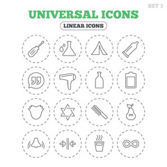 Universal icons. Camping tent, bottle and hot coffee drink. Hair dryer, battery and david star. Screwdriver tool, quotes and camping tent. Round flat buttons with linear icons. Vector