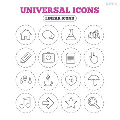 Universal icons. House building, speech bubbles and first aid box. Copy documents, like counter and hot coffee drink. Map pointer, arrow and favorite star. Round flat buttons with linear icons. Vector