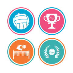 Volleyball and net icons. Winner award cup and laurel wreath symbols. Beach sport symbol. Colored circle buttons. Vector