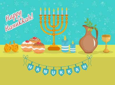 Happy Hanukkah greeting card, invitation, poster. Hanukkah Jewish Festival of Lights. Hanukkah Greeting Card with Menorah, Sufganiyot, Olives and Dreidel. Vector illustration