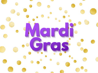 Fototapeta na wymiar Purple Mardi Gras celebration flyer or greeting card on golden m