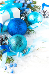 Christmas blue decorations on white. Christmas background.