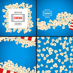 Heap popcorn for movie lies on blue background.