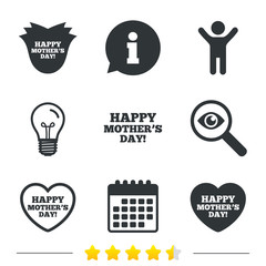 Happy Mothers's Day icons. Mom love heart symbols. Flower rose sign. Information, light bulb and calendar icons. Investigate magnifier. Vector