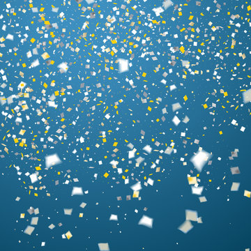 Blue Holiday Background With Flying Golden And White Confetti, S