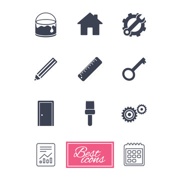 Repair, construction icons. Service, key and door signs. Painting, brush and pencil symbols. Report document, calendar icons. Vector