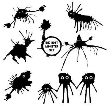Black funny monsters ink blots isolated set on white background